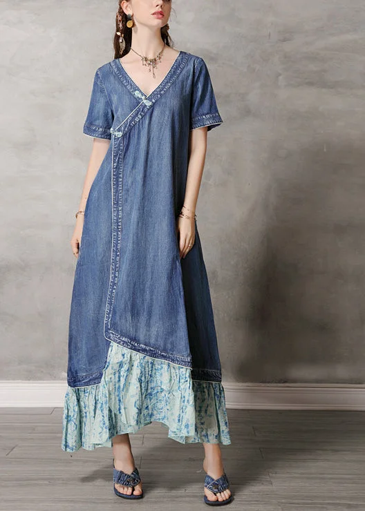 Boutique Blue V Neck Patchwork Cotton Denim Dress Short Sleeve
