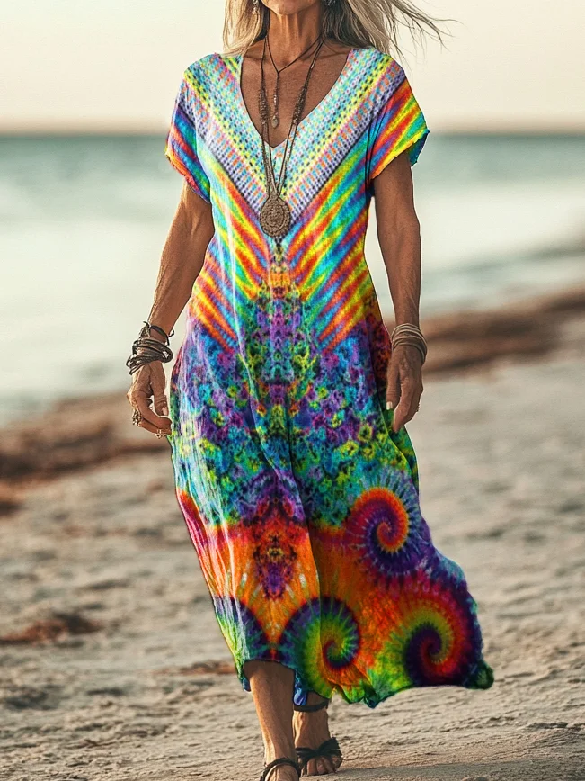 Women's Trippy Tie Dye Print Pocket Cotton Dress