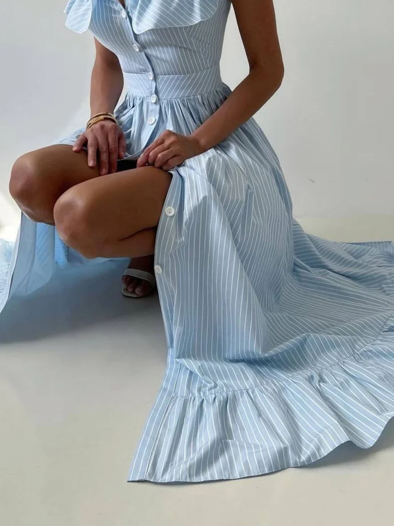 Athvotar Athvotar Temperament Commuting Style Leaf Side Striped Dress Women's Summer Senior Neck Cuff Double Design Women's Clothing