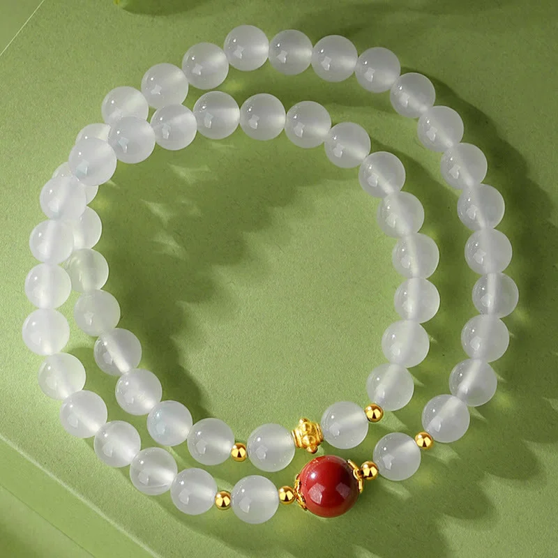 925 Sterling Silver Natural White Agate Cinnabar Double Wrap Protection Bracelet