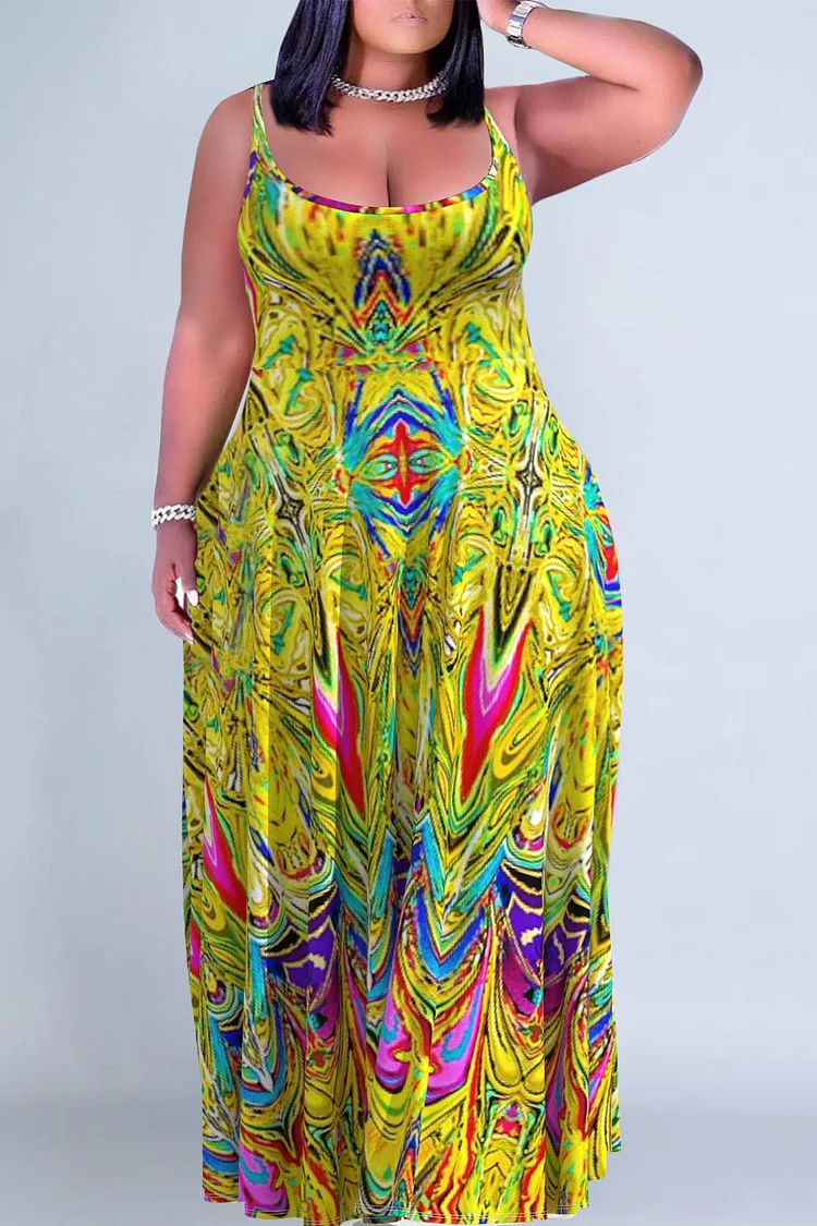 Plus Size Yellow Casual Tribal All Over Print Sleeveless Maxi Dresses [Pre-Order]