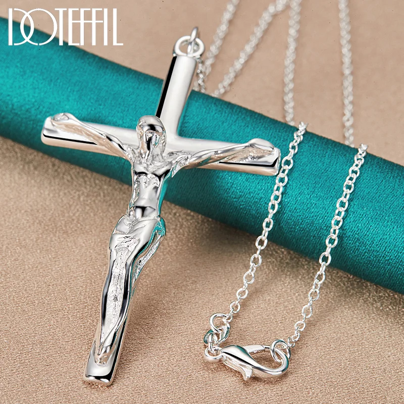 DOTEFFIL 925 Sterling Silver Jesus Cross Pendant Necklace 16/18/20/22/24/26/30 Inch Chain For Woman Man Jewelry