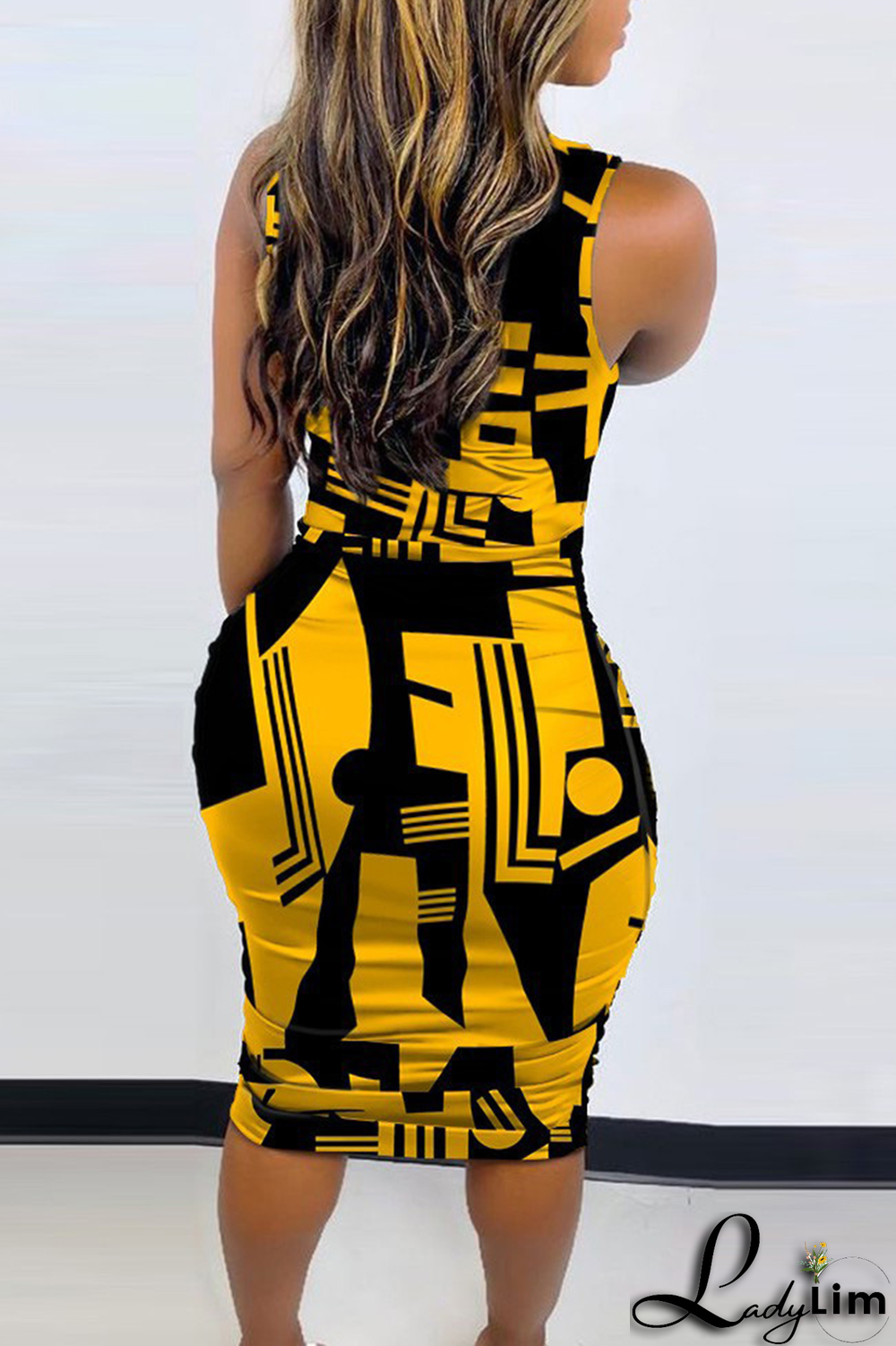 Yellow Casual Print Split Joint Half A Turtleneck Pencil Skirt Dresses
