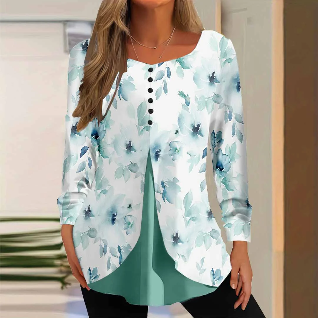 Women Floral,Blue DZGG8283 Long Sleeve Scoop Neck Printed Graphic Button Fake 2in1 Tops
