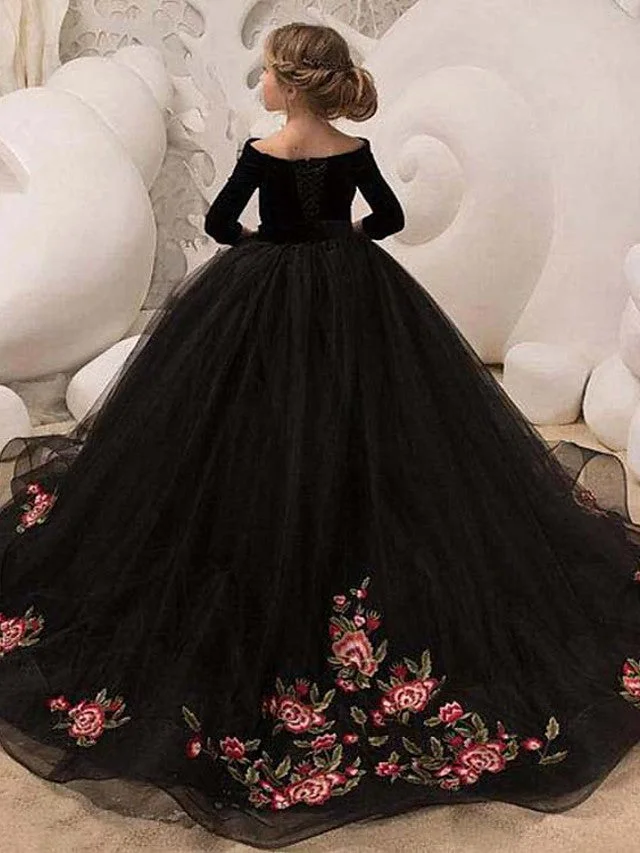 Daisda Ball Gown Long Sleeve V Neck Flower Girl Dresses Lace Organza With  Pleats Appliques