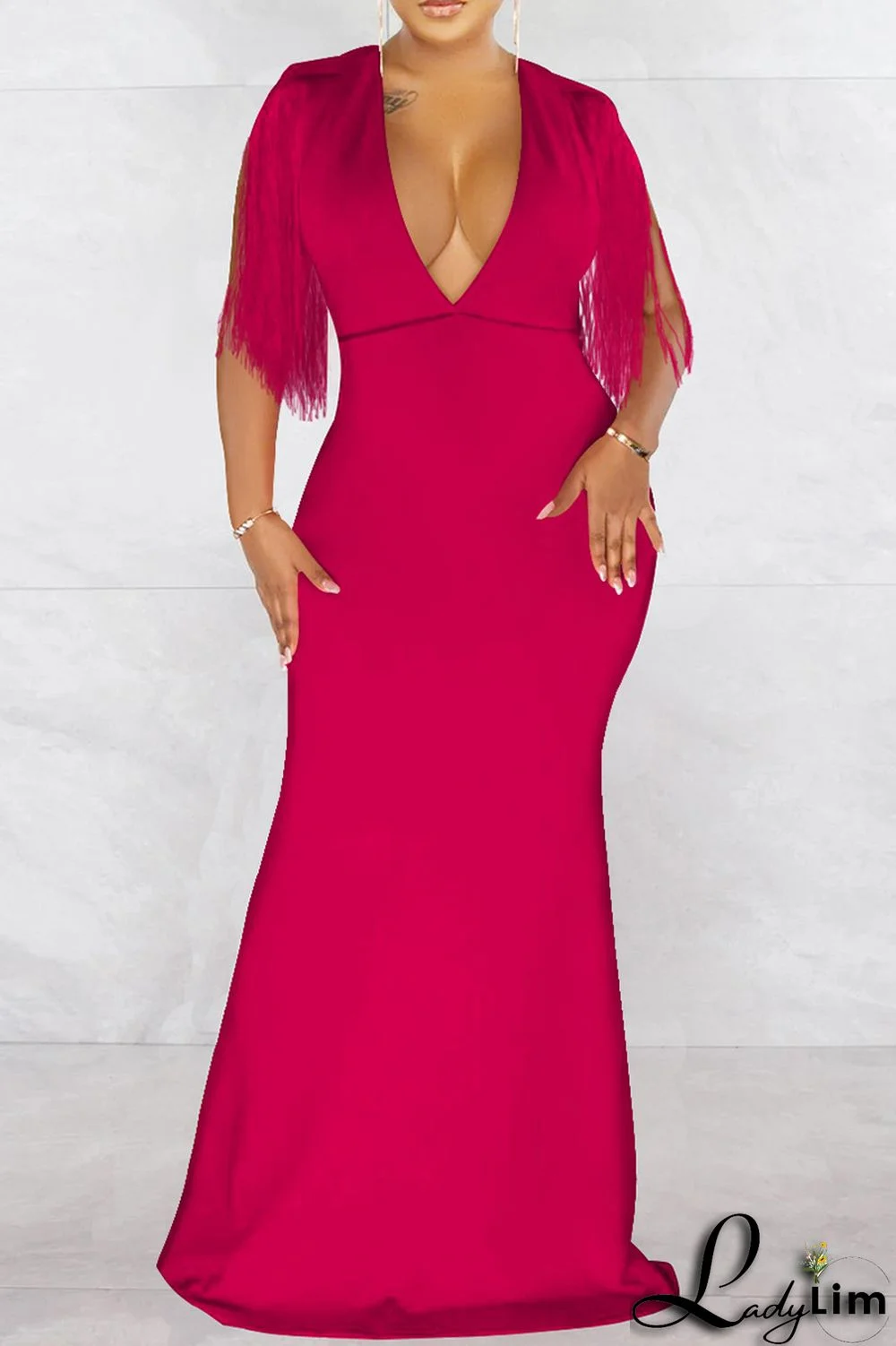 Red Fashion Sexy Solid Tassel Patchwork V Neck Long Dress