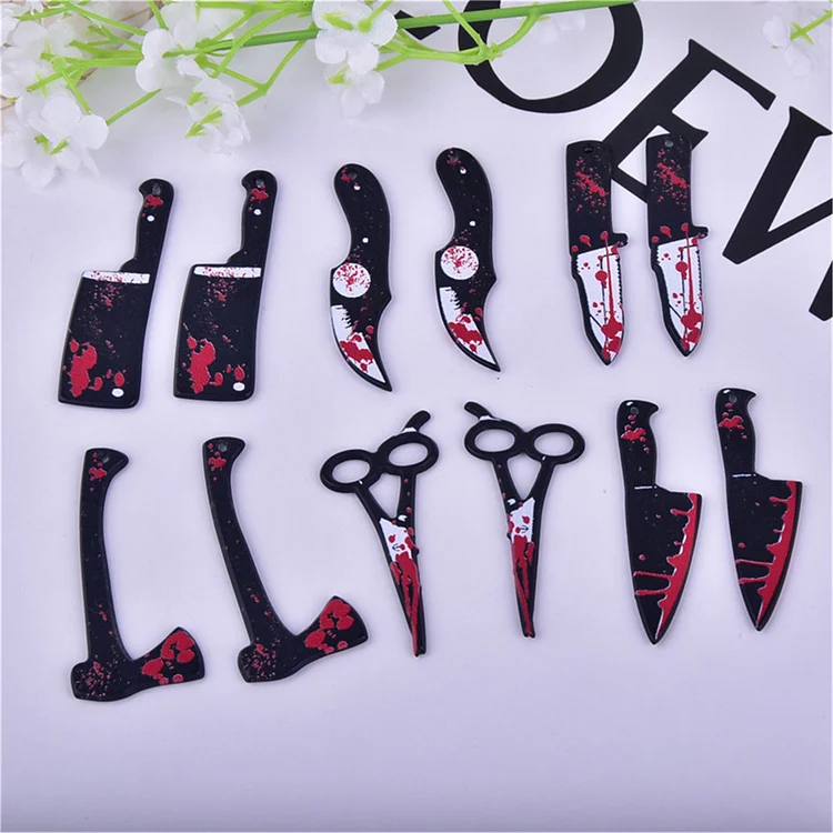 Bulk Bloody Knife Scissors Dagger Tools Acrylic Halloween Charms Weapon Pendant for DIY Earring Keychain Pendant Jewelry Making Accessories