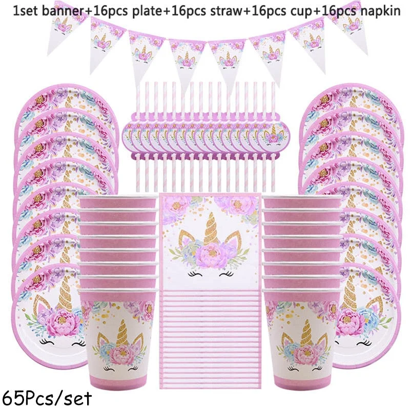 65Pcs Unicorn Party Supplies Kids Birthday Decoration Disposable Tableware Set Paper Plates Cup Banner Baby Shower Girl Decor