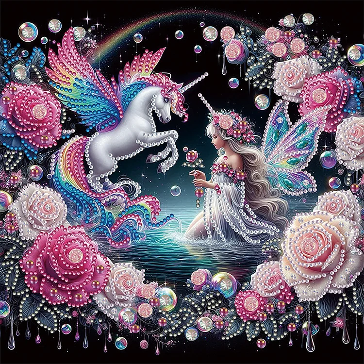 Butterfly Girl And Rainbow White Horse 30*30cm (Canvas) Special Shaped Drill Diamond Painting gbfke