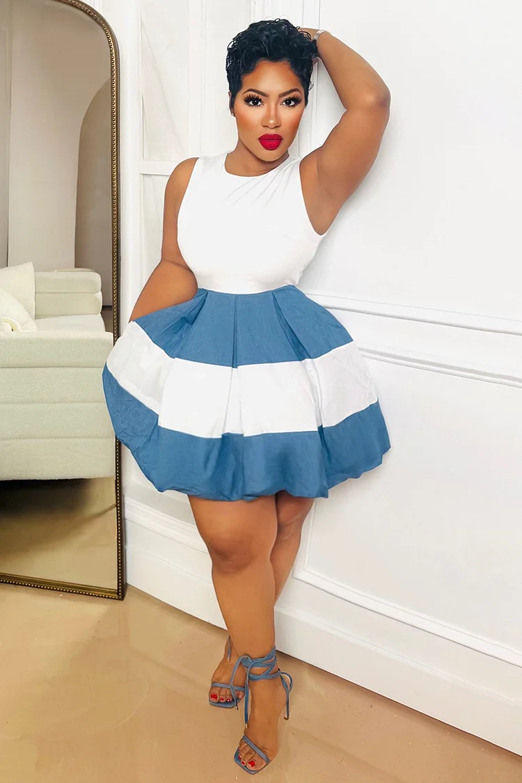 Crew Neck Sleeveless Cinched Patchwork Bubble Mini Dresses-White [Pre Order]