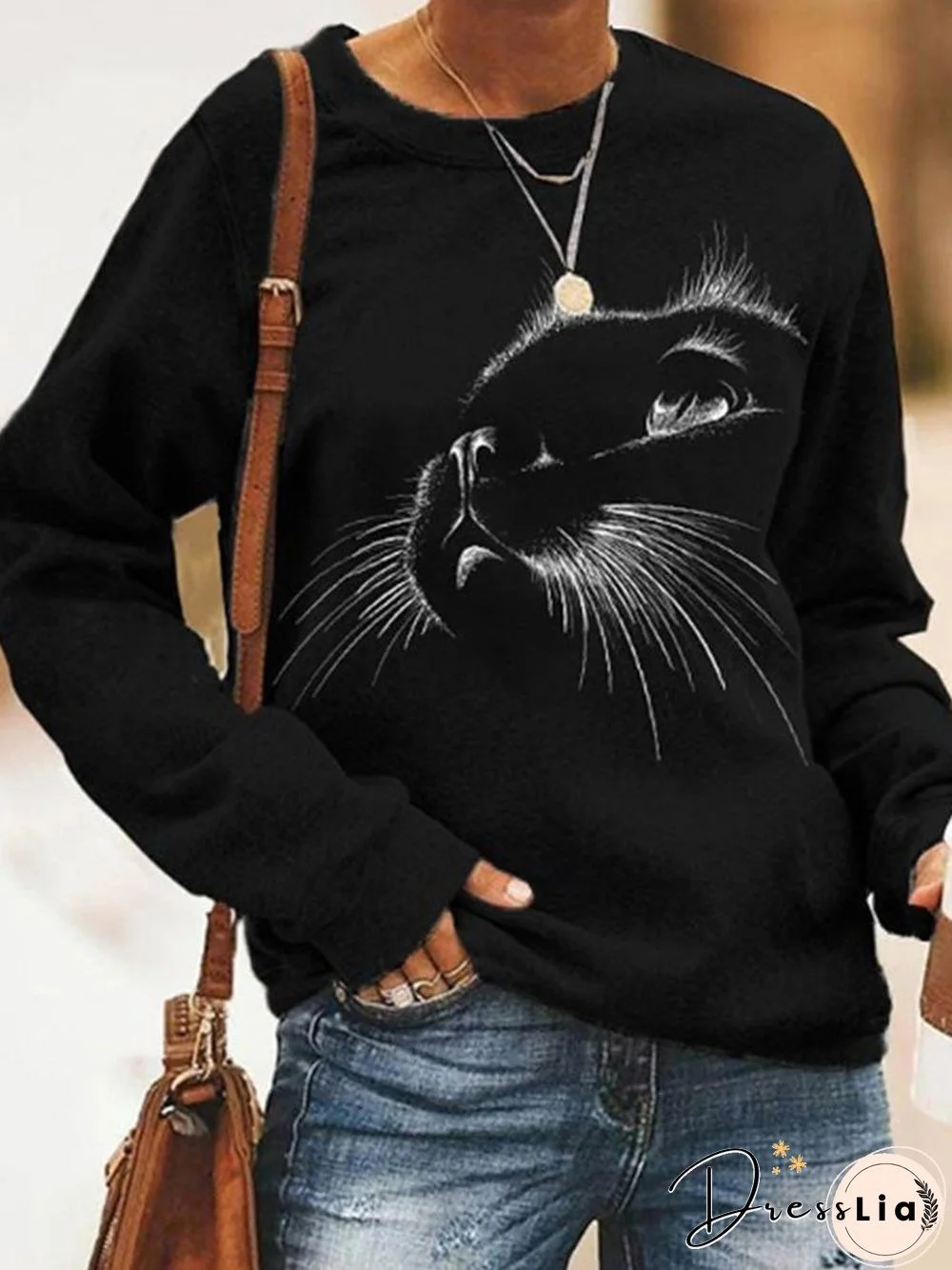 Women'S T-Shirts Casual Cat Print Long Sleeve T-Shirt