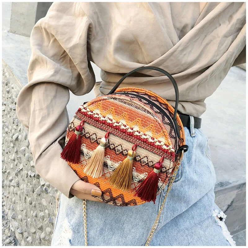 Brand New Boho Vintage Beach Straw Women Shoulder Bag Tassel Round Handbag Rattan Basket Ladies Crossbody Shoulder Storage Bag