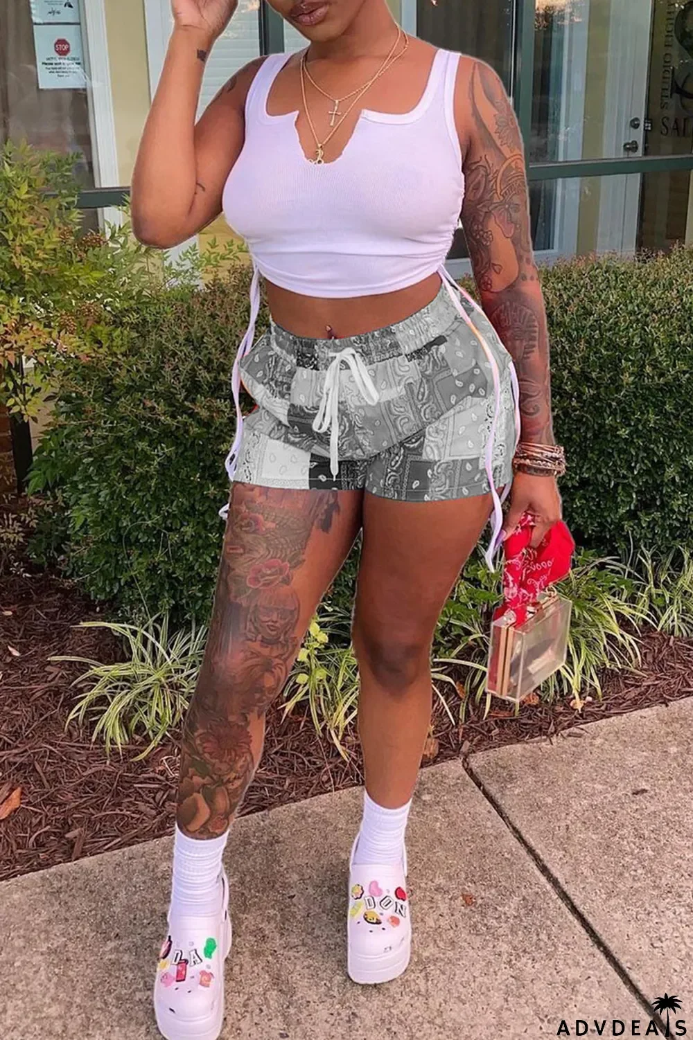 Grey Sexy Print Ripped Contrast Spaghetti Strap Sleeveless Two Pieces