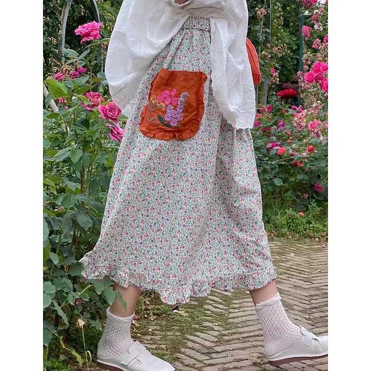 Queenfunky cottagecore style Mori Girl Embroidered A Shape Skirt QueenFunky