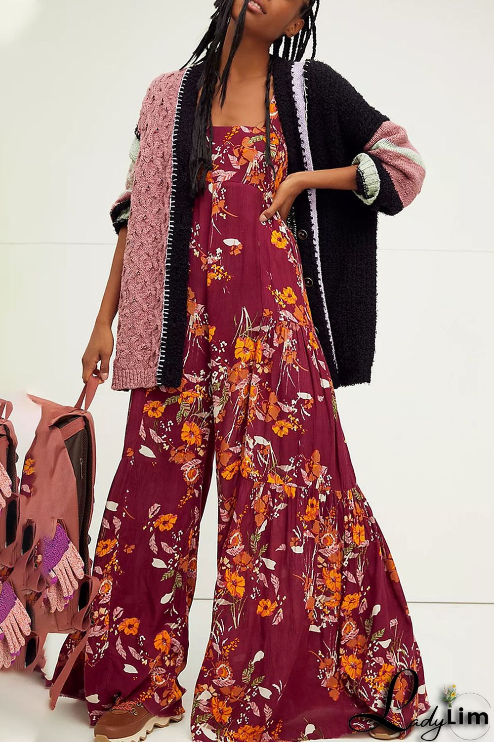 Burgundy Casual Print Split Joint Straight Jumpsuits