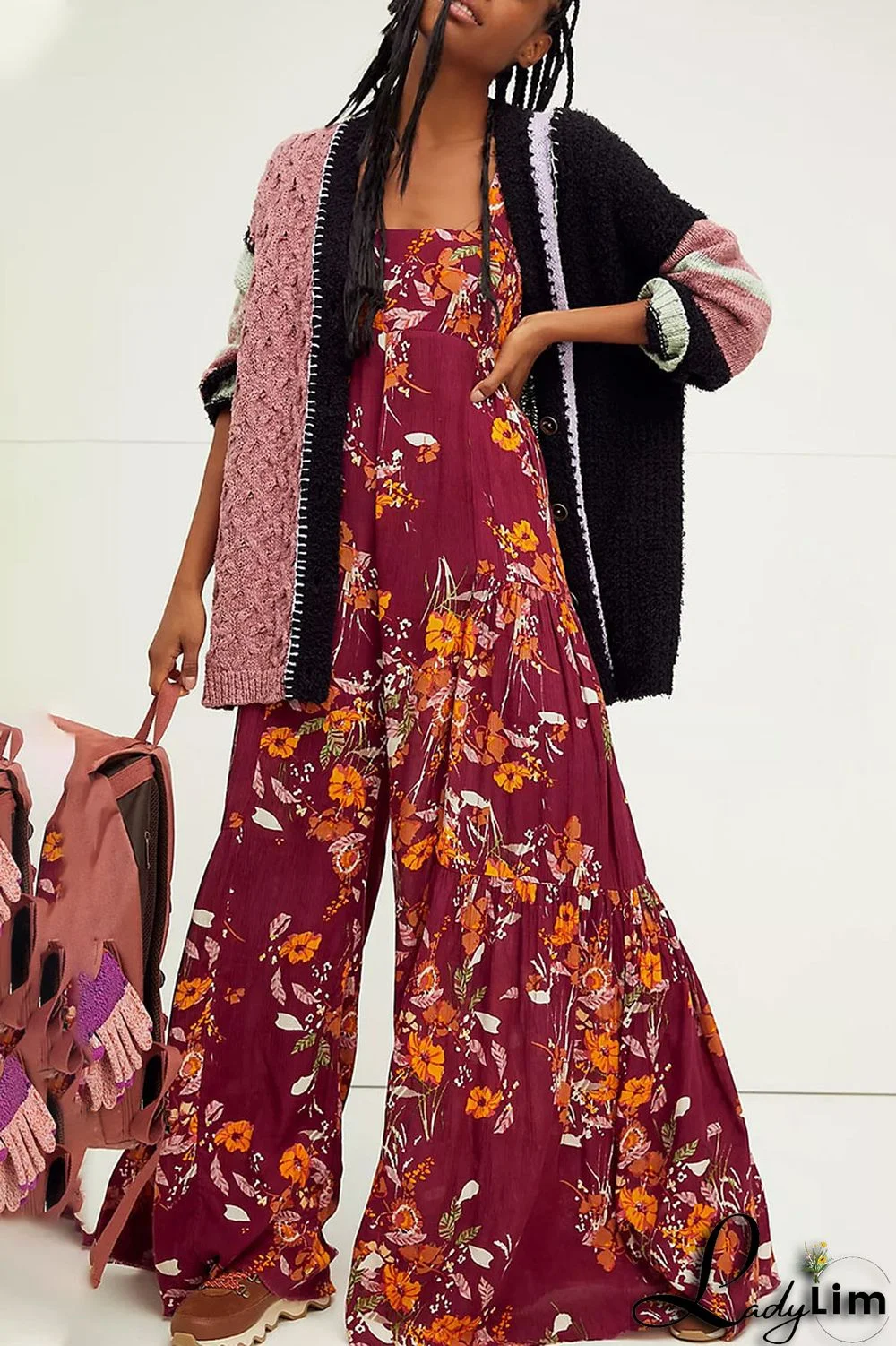 Burgundy Casual Print Split Joint Straight Jumpsuits