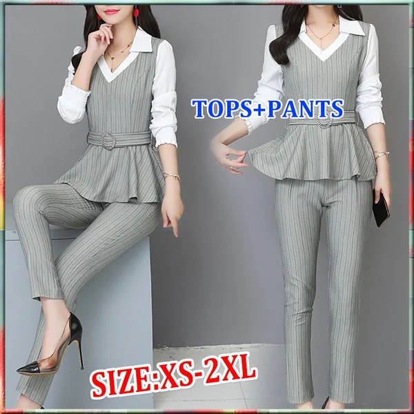 Grey Black Office Striped Two Piece Sets Outfits Women Plus Size Fake Two Pieces Shirts And Pants Suits Elegant Korean Sets