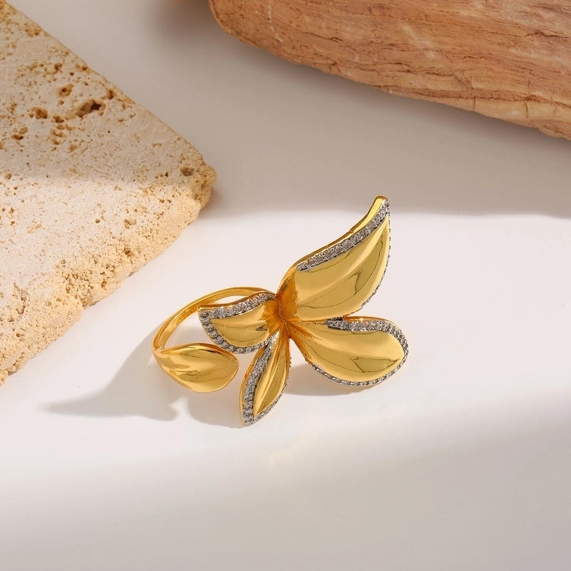 Retro Luxurious Butterfly Copper Imitation Pearl Zircon 18K Gold Plated Plating Inlay Open Rings