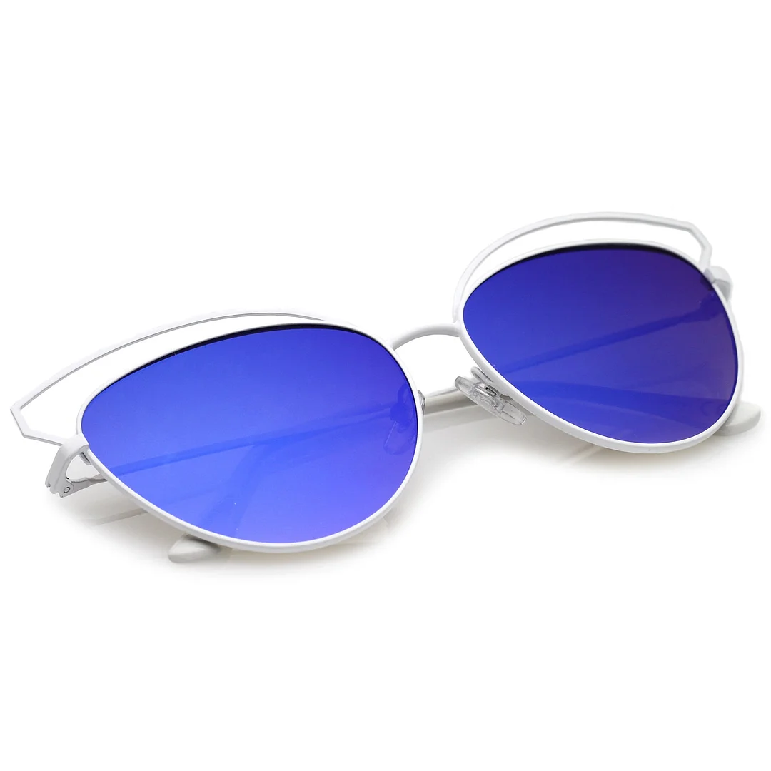 Women's Open Metal Frame Colored Mirror Oversize Cat Eye glasses 58mm