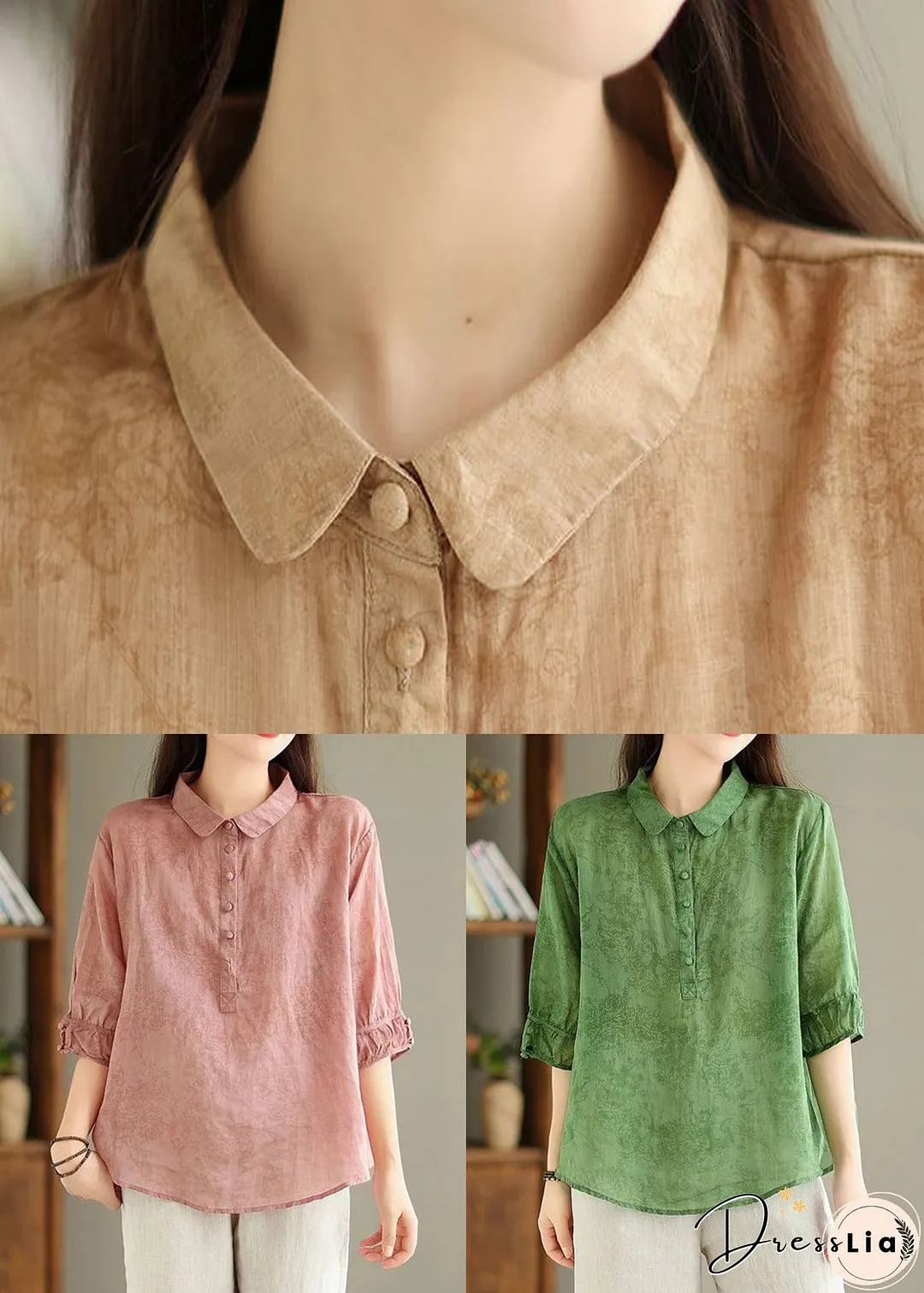 New Khaki Solid Button Print Linen Shirt Summer