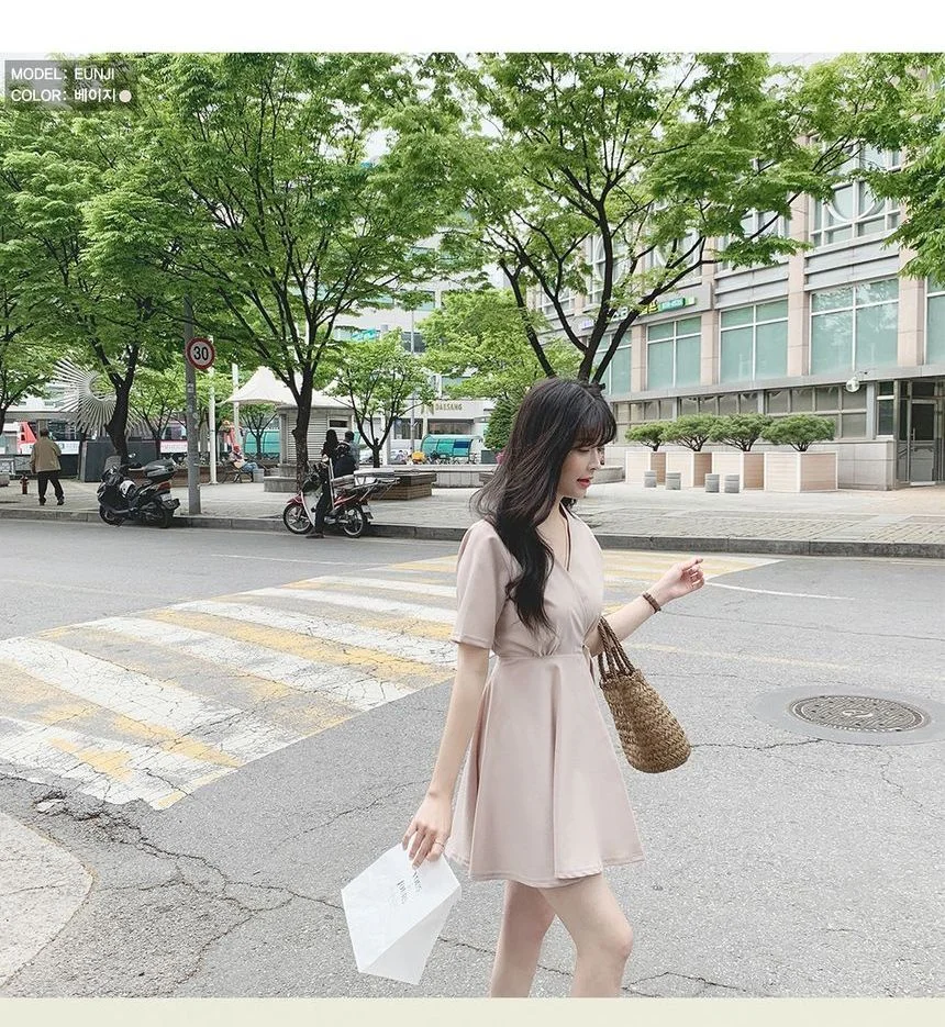 Short-Sleeve Wrap A-Line Mini Dress YP1808