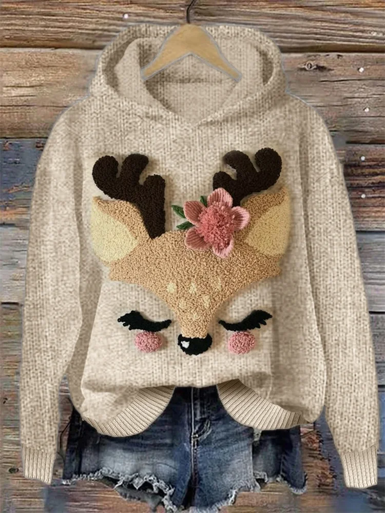 Comstylish Lovely Reindeer with Flower 3D Art Knit Hoodie