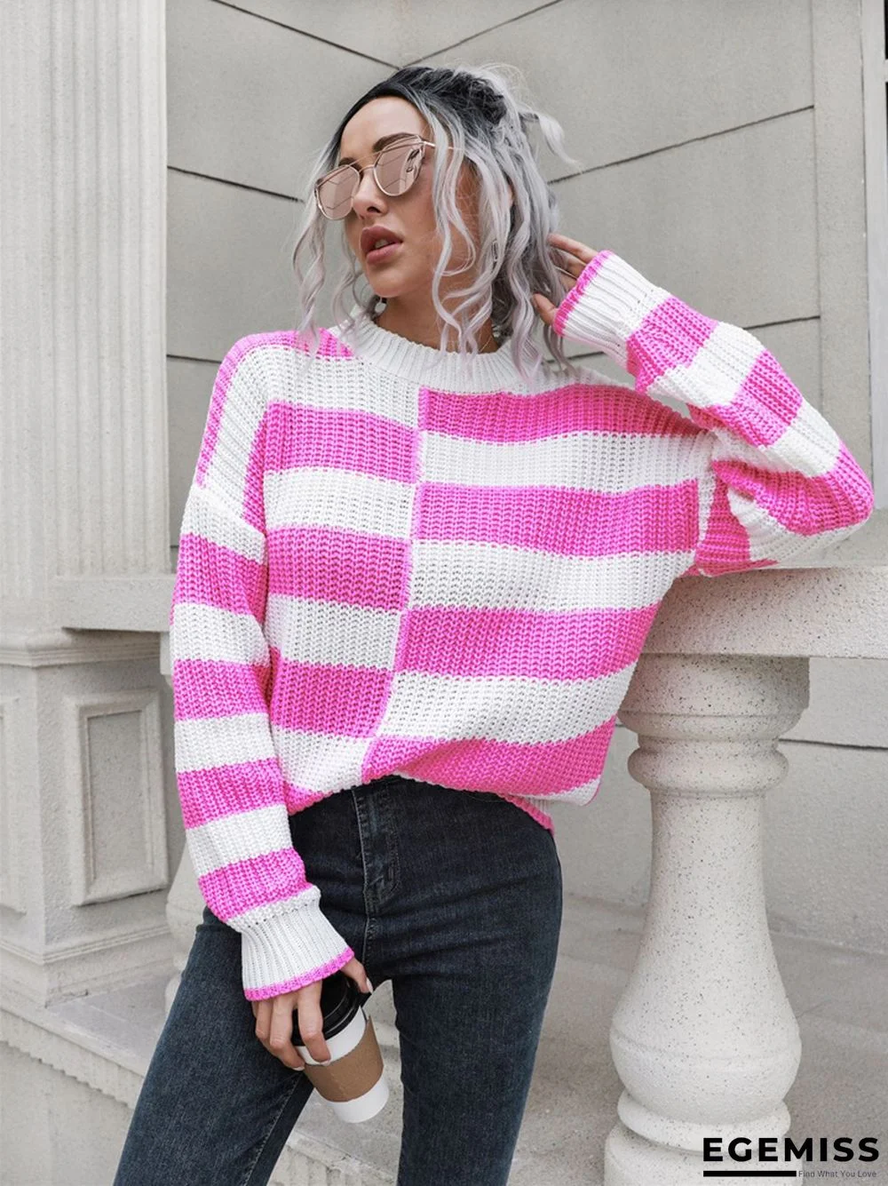 Long Sleeve Design for Women Stripe Knit Sweater | EGEMISS
