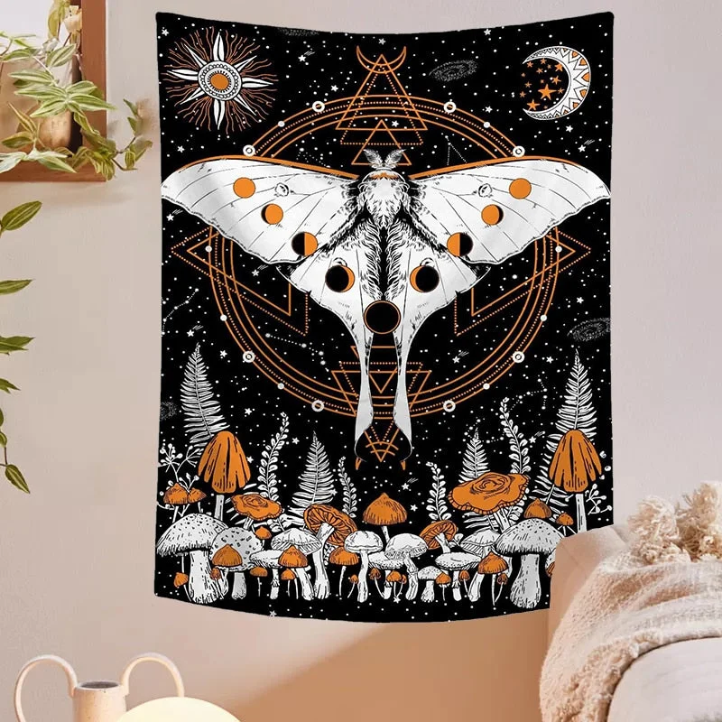 Moon Phase Tapestry Flower Moth Wall Hanging Mushroom Mandala Tapestries Bedroom Decor Bedspread Throw Cover Sun Moon Wall Decor
