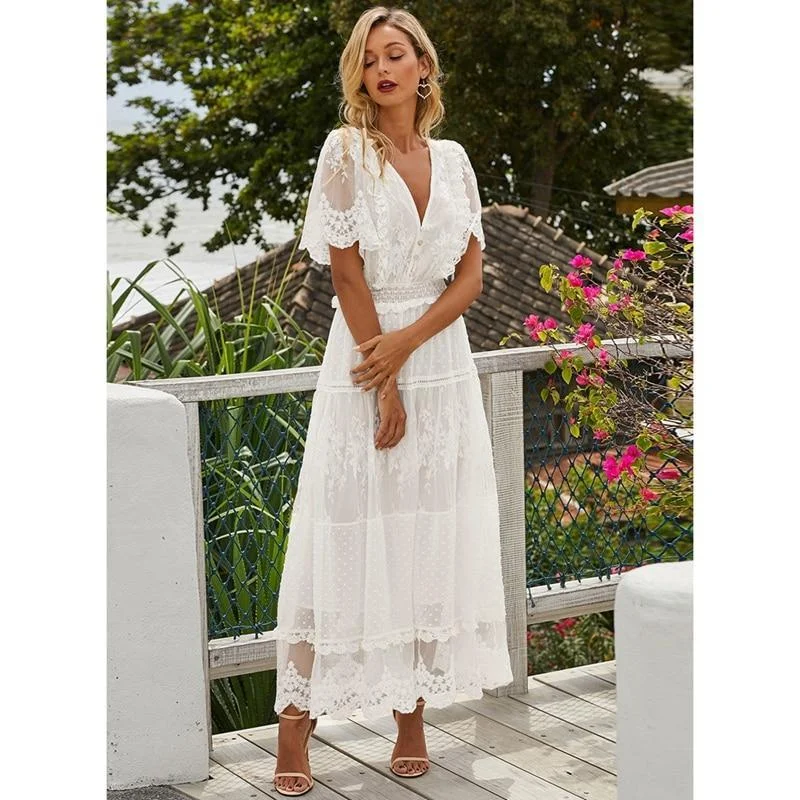 Hollow Out White Dress Sexy Women Long Lace Dress Cross Semi-Sheer Plunge V-Neck Short Sleeve Lace Maxi Dress 1023-1