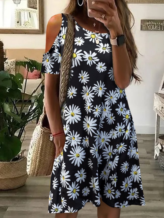 Vacation Floral Plants Casual Loosen Crew Neck Midi Dress