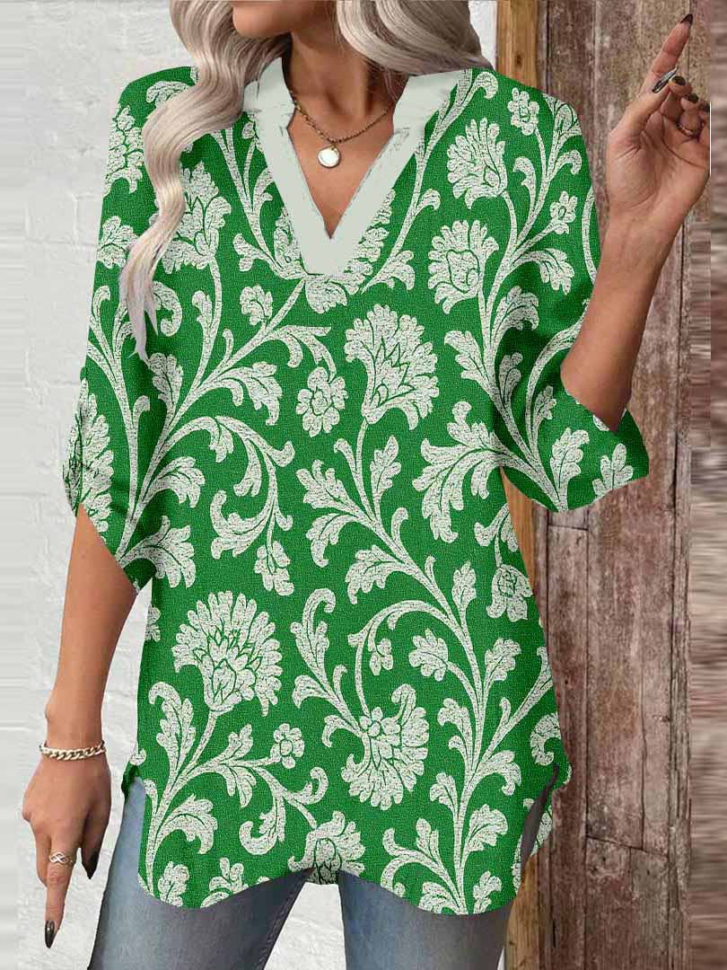 Women Leaves, Green DZGA0170 3/4 Sleeve V-neck Printed Graphic Button Tops