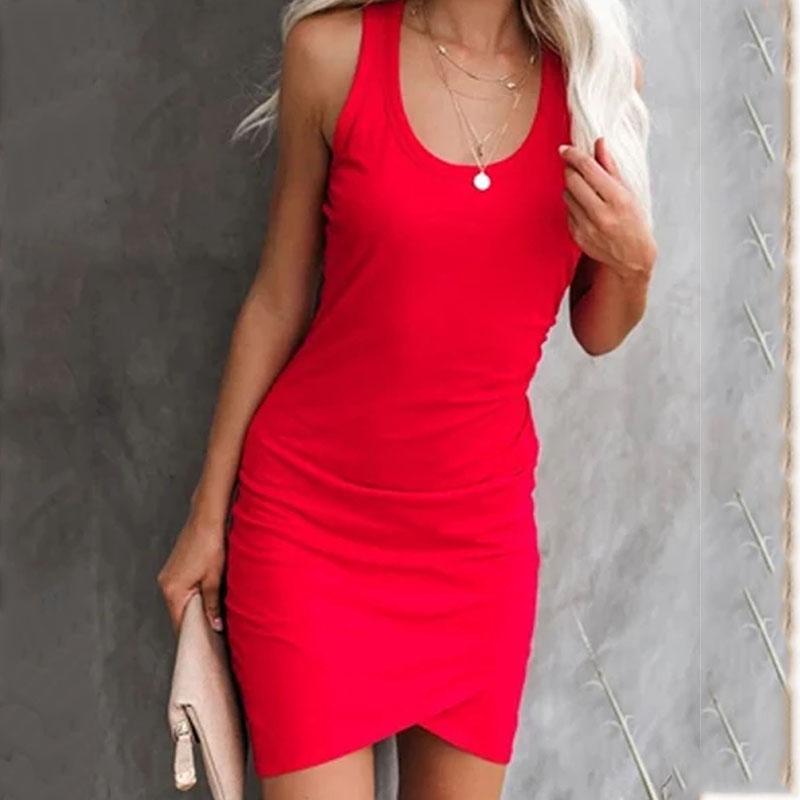 Low Round Neck Solid Color Bodycon Dresses