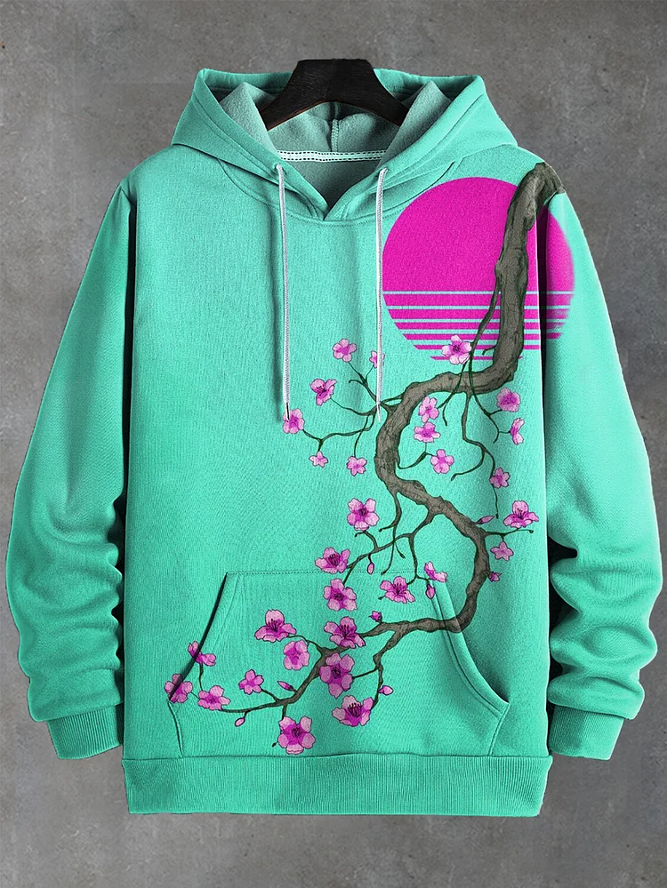 Men's Japanese Art Sakura Graphic Print Casual Hoodie