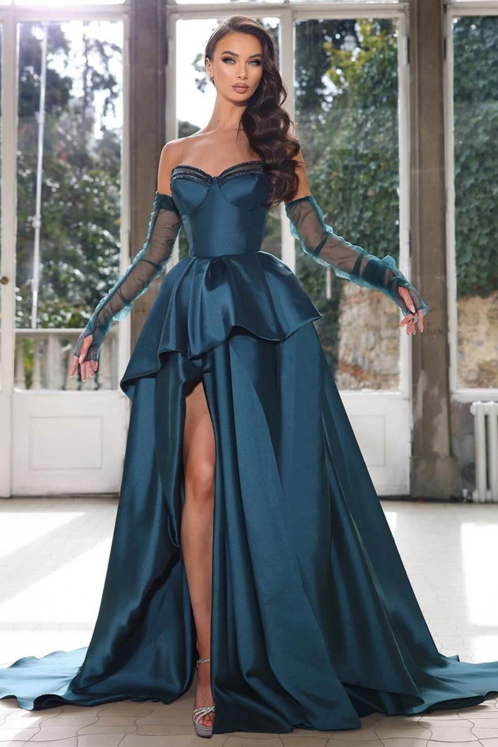 Bellasprom Ink Blue Sweetheart Split Evening Gown Layered Sleeveless On Sale