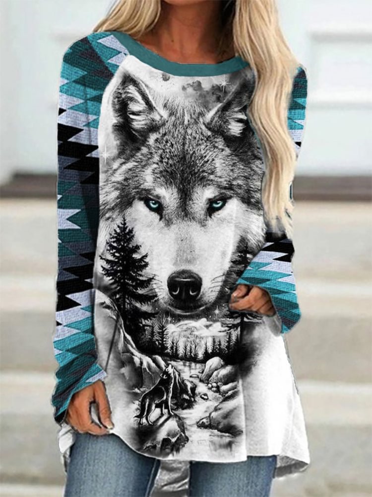 VChics Forest Wolf Art Aztec Patchwork A Line T Shirt