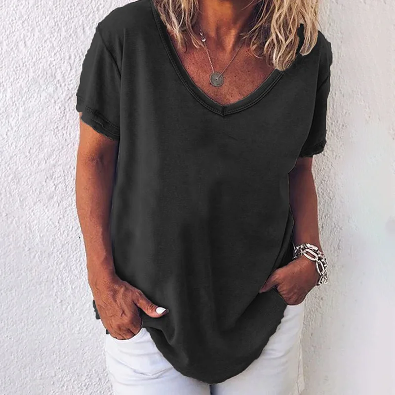 Solid color V-neck short-sleeved plus size women's T-shirt