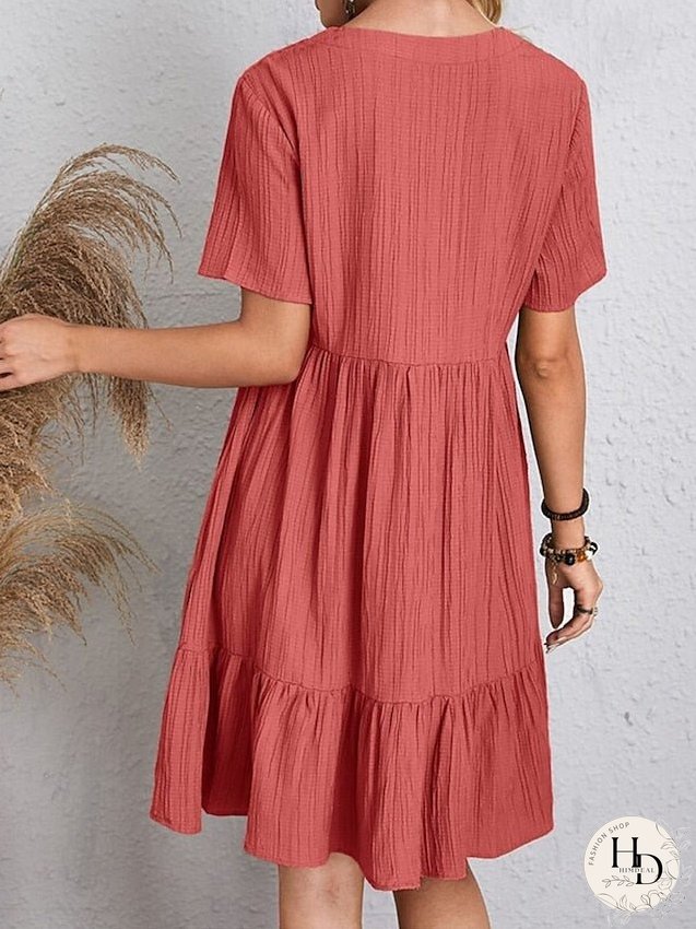Casual Dress Shift Dress Plain Dress Plain Ruffle V Neck Midi Dress Basic Classic Outdoor Daily Short Sleeve Loose Fit Black Pink Red Spring Summer S M L XL XXL for Women