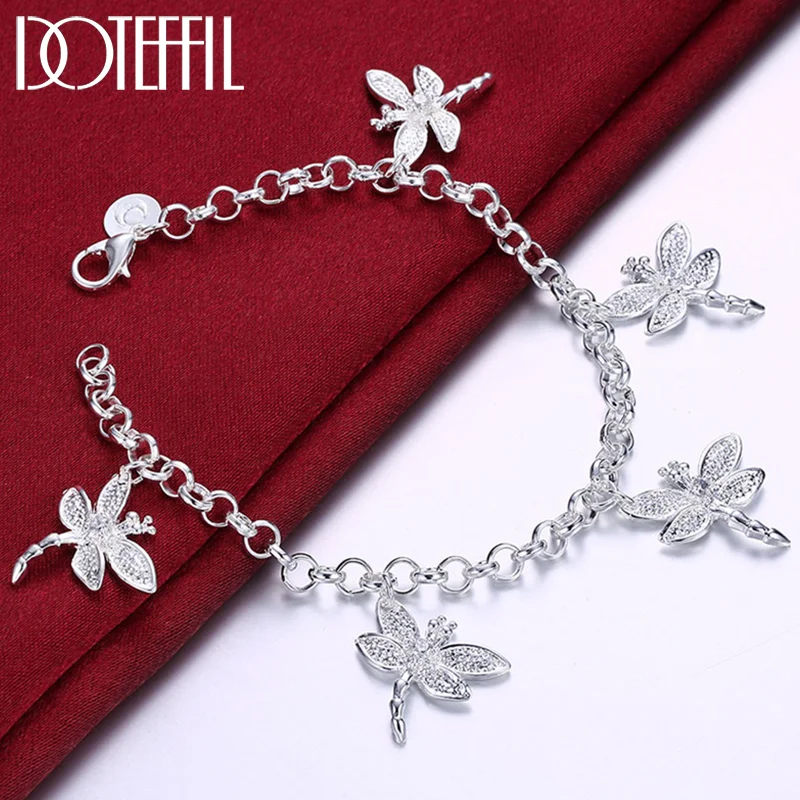 DOTEFFIL 925 Sterling Silver Five Dragonfly Bracelets Chain For Women Jewelry