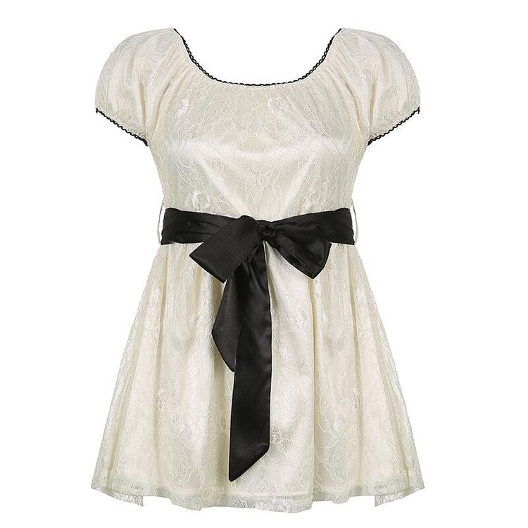 Sweetown Lace Fairycore Y2K A Line Dresses Women Summer 2022 Contrast Square Collar Puff Sleeve Vintage Aesthetic Kawaii Dress