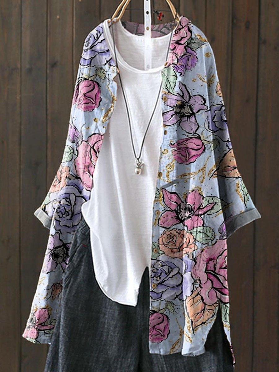 Women's Vintage Lovely Floral Art Print Loose Casual Top Jacket