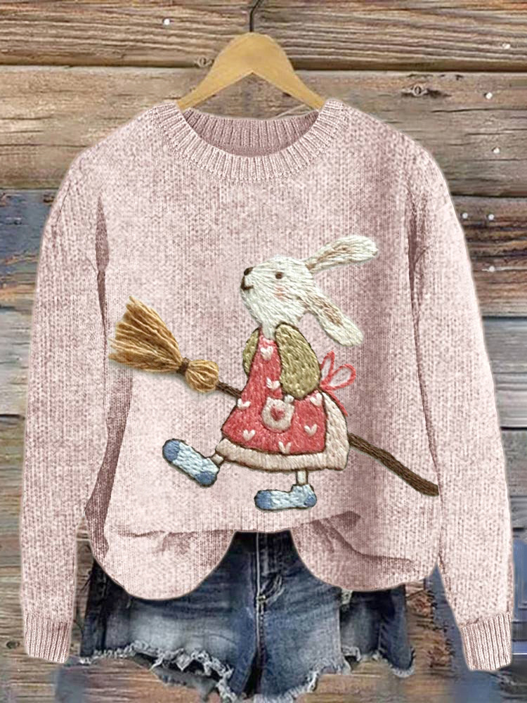 Cute Bunny Embroidery Art Cozy knit Sweater wearshes