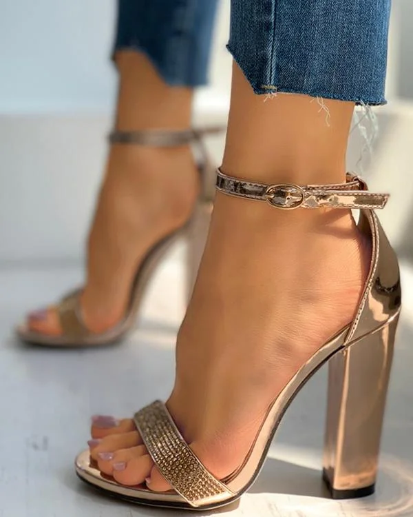 Studded Open Toe Ankle Strap Block Heels