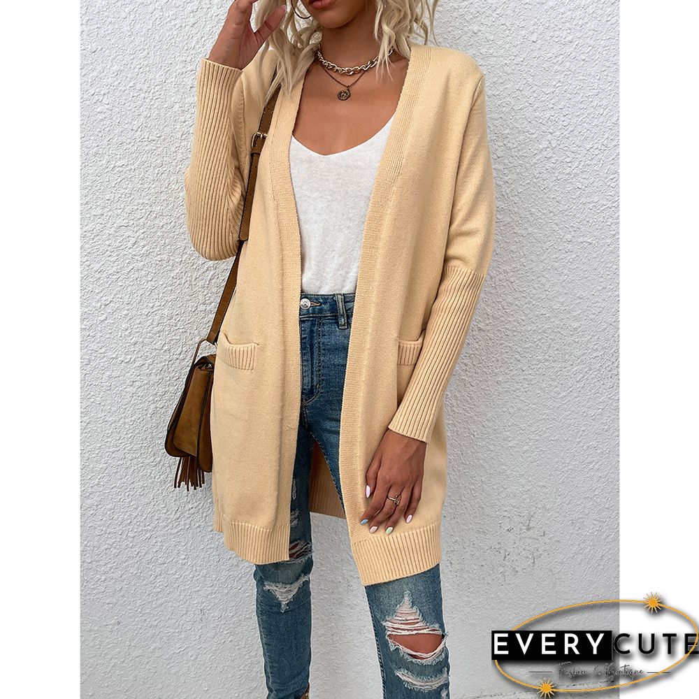 Solid Apricot Knitted Long Cardigan with Pockets