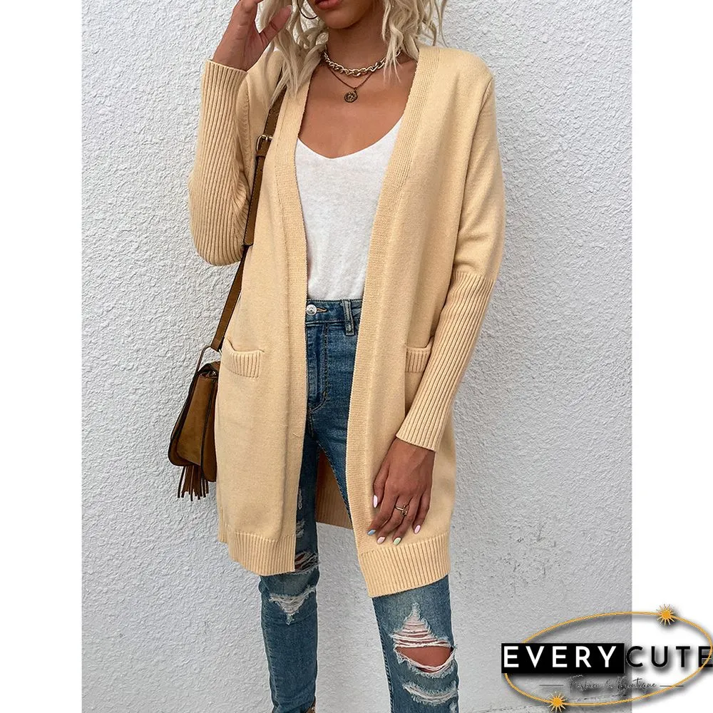Solid Apricot Knitted Long Cardigan with Pockets