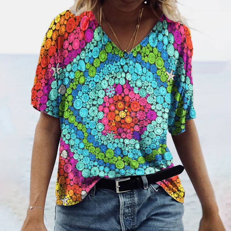 Ethnic style print v-neck women shirt