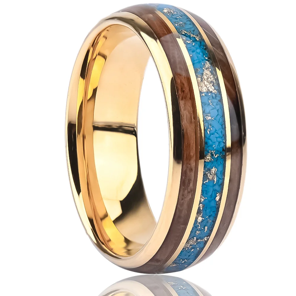 8MM Gold Tungsten Carbide Rings Barrel Wood and Turquoise Pieces Tungsten Wedding Bands