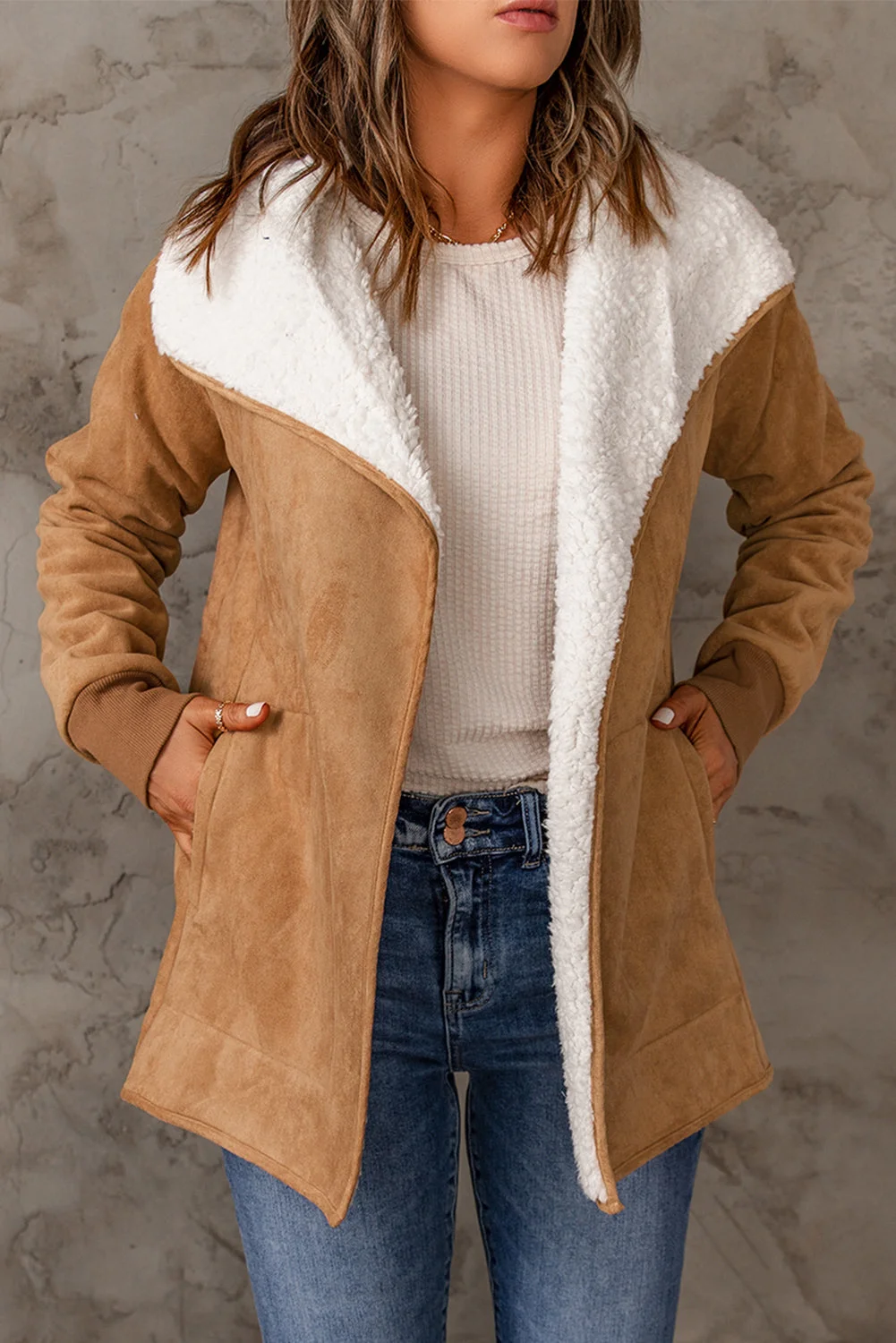 Faux Suede Fleece Lined Open Front Jacket