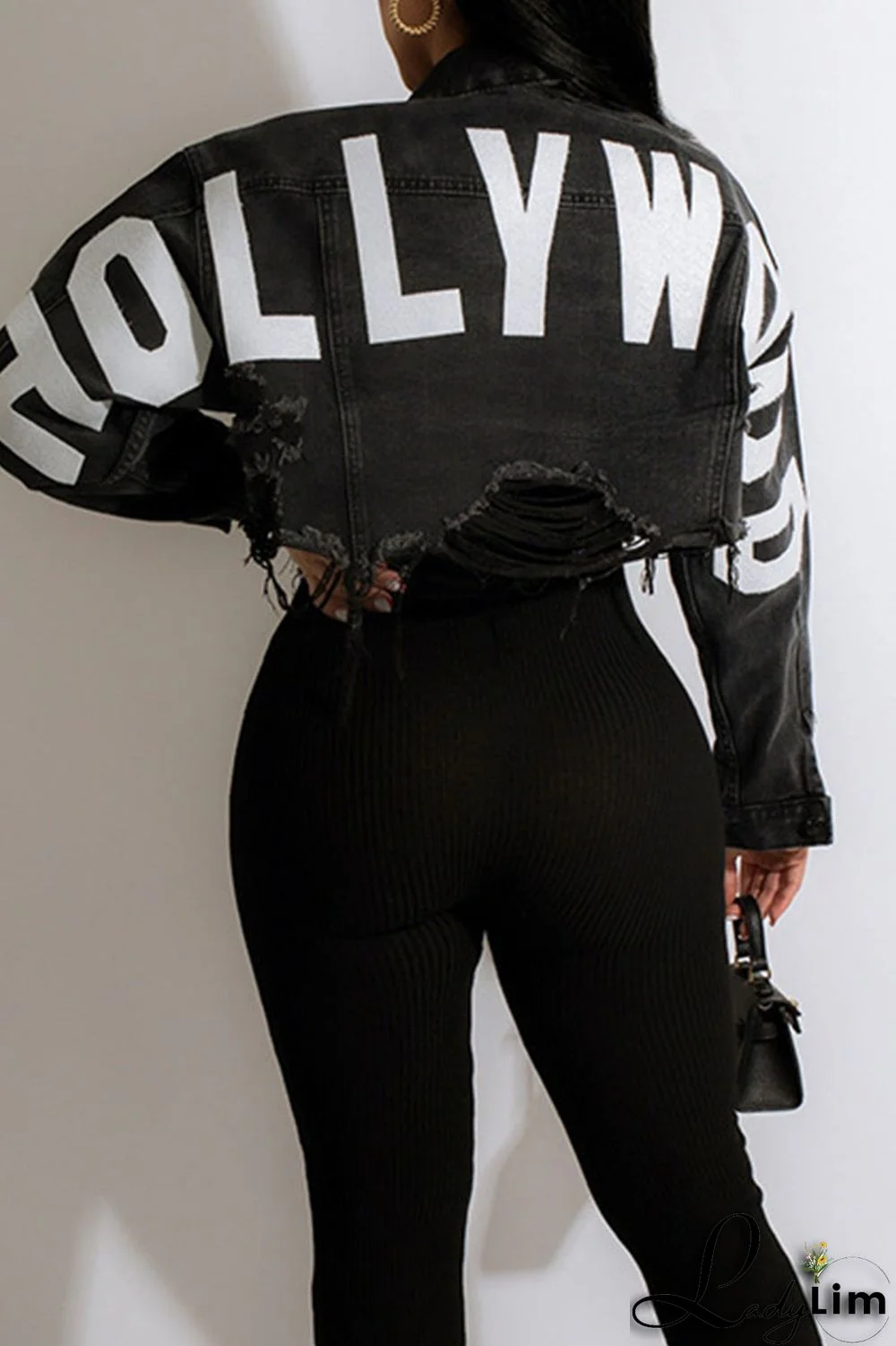 Black Yellow Street Print Make Old Patchwork Buckle Turndown Collar Long Sleeve Straight Denim Jacket