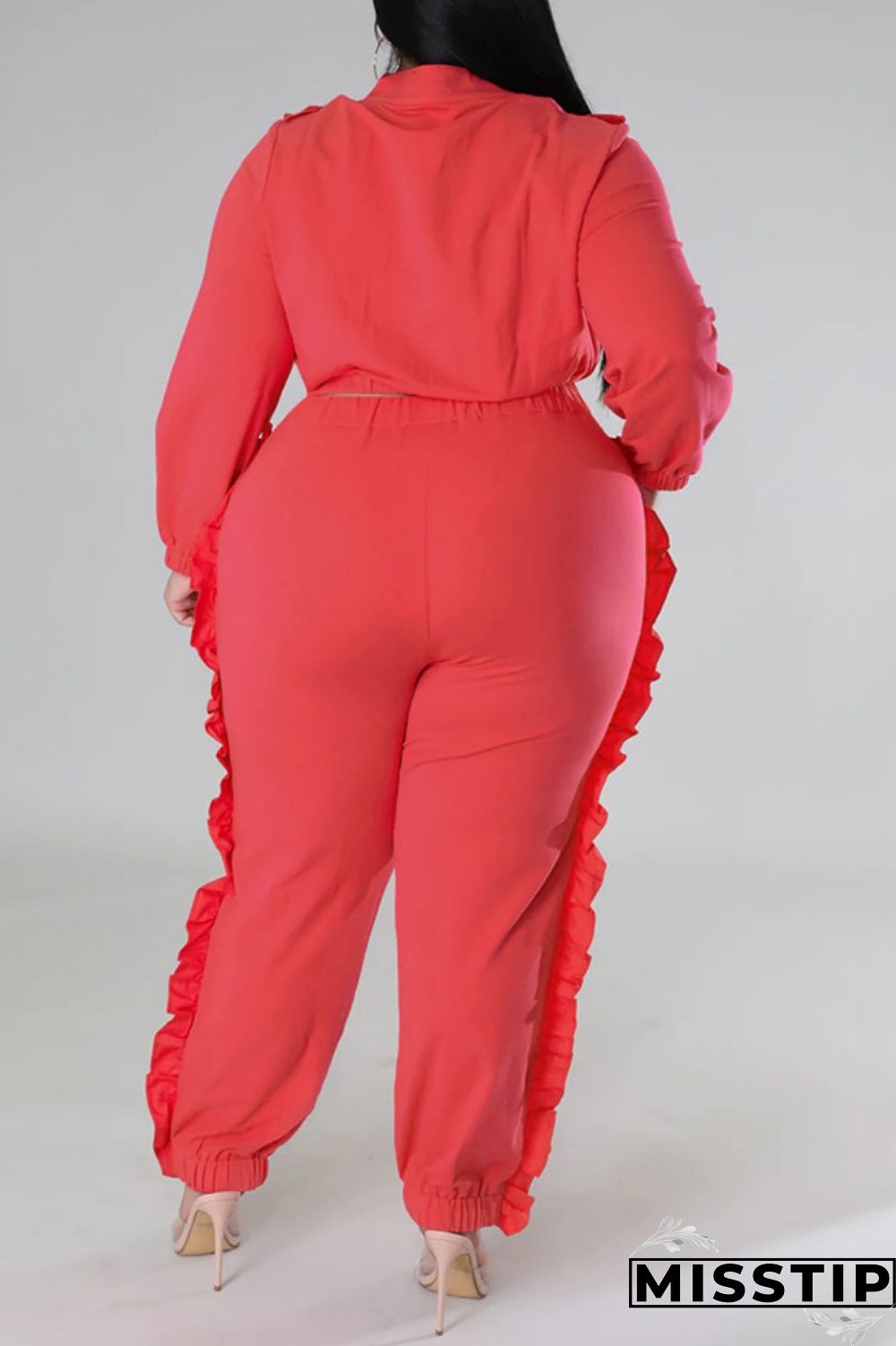 Black Casual Solid Patchwork Zipper Collar Plus Size Two Pieces