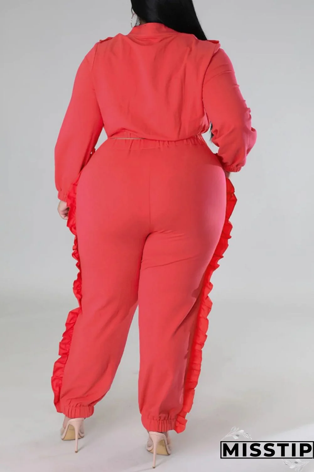 Black Casual Solid Patchwork Zipper Collar Plus Size Two Pieces